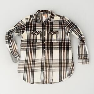 Plaid Flannel Button Down Shirt Women Size L Brown Cream Long Sleeve NWT